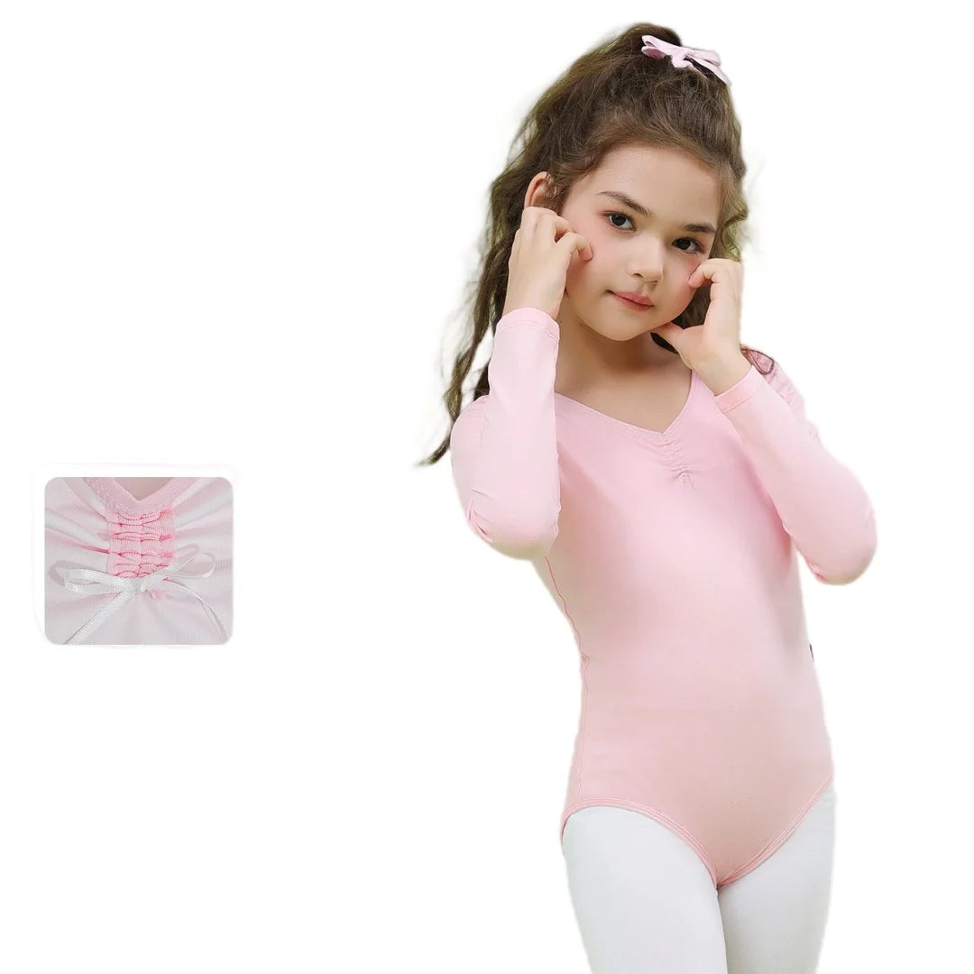 Girls Long Sleeve Dance Leotard for Ballet & Chinese Dance – U-Back Cotton Blend Bodysuit, Ideal for Exams & Recitals, 3 Colors