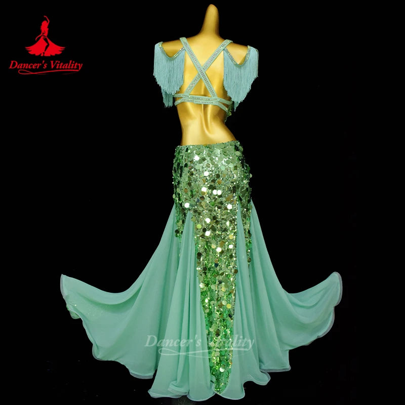 Belly Dancing Performance Suit for Women Big Sequins Bra Top+Long Skirt 2pcs Oriental Dance Professional Competition Clothing