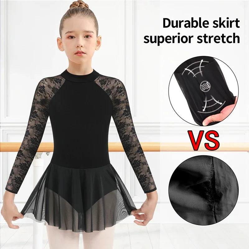 Girls Ballet Leotards Children Lace/Mesh Hollow Dance Leotard with Skirt Water-Drop Back Dance Wear Kids Ballet Dress