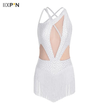 Women Ballet Dance Leotard Rhinestone Tassel Bodysuit Dress Gymnastics Figure Skating Latin Stage Performance Costume Dancewear