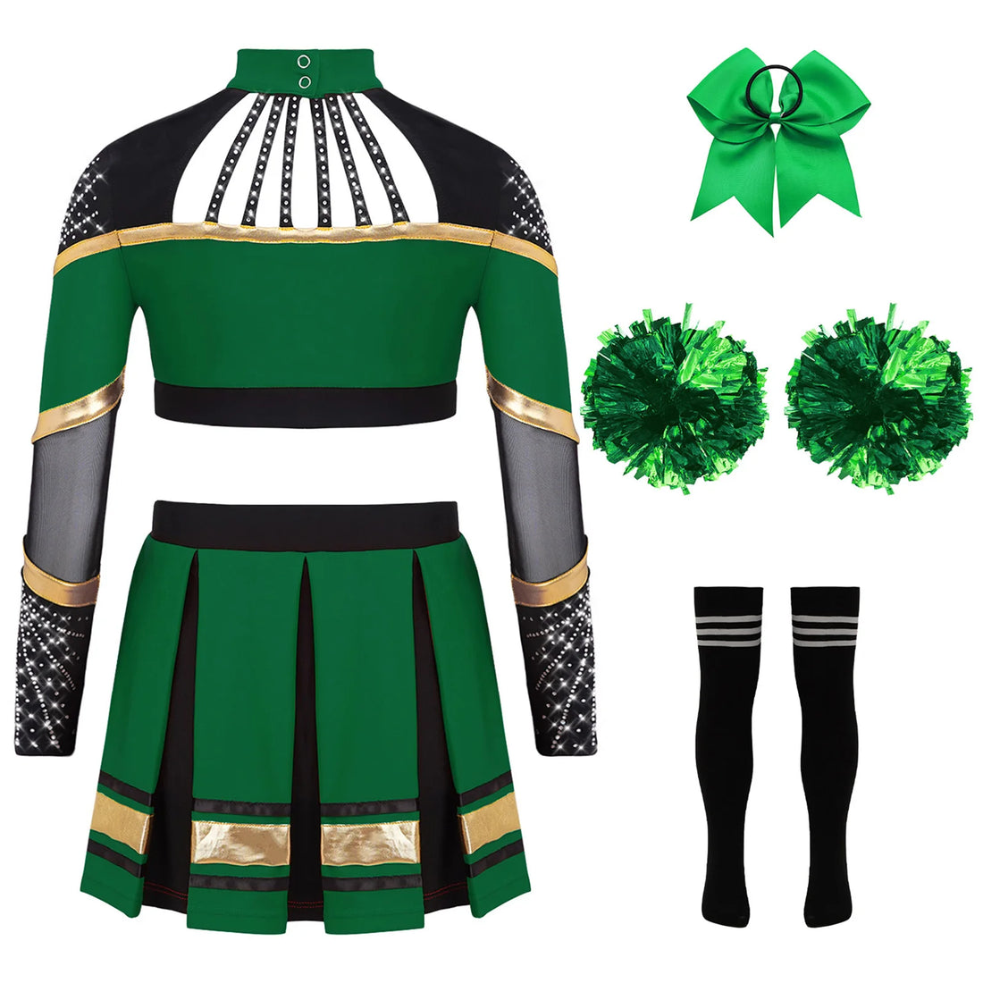 Girls Cheerleading Costume Cheerleader Dance Outfit Long Sleeve Crop Top with Pleated Skirt Flower Balls Socks Set Cheer Uniform