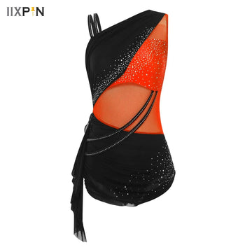 Women's Rhythmic Gymnastics Acrobatics Jersey Figure Skating Jumpsuit Color Blocking Ruched Skirt Buttoned Crotch Leotard Tutu