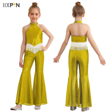 Kids Girls Hip Hop Jazz Dance Outfit Sequin Crop Top with Bell-Bottomed Pants Set Carnival Disco Dance Stage Performance Costume