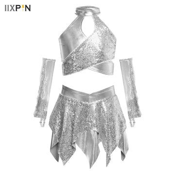 Kids Girls Dance Outfit Cheerleading Costume Sleeveless Sequins Crop Top with Skirt And Gloves Carnival Festival Disco Hip Hop