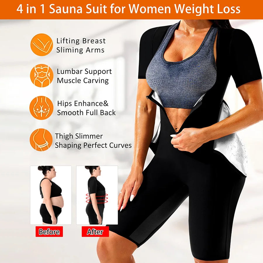 Women's 4-In-1 Sauna Sweat Suits Short Sleeved Shorts for Adult Fat Workout Weight Loss Full Body Slimming Shaper Waist Trainer