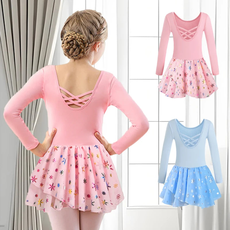 Girls Ballet Leotards  Kids Short/Long/Flutter Sleeve Dancewear Hollow Crisscross Back Shiny Skirt for Performance