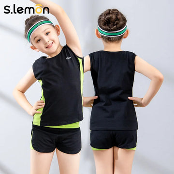 Slemon Girls Gymnastics Leotard Set Kids Cheerleading Outfit Color Block Spliced Tank Top Short Sleeve Sports Aerobics Dancewear