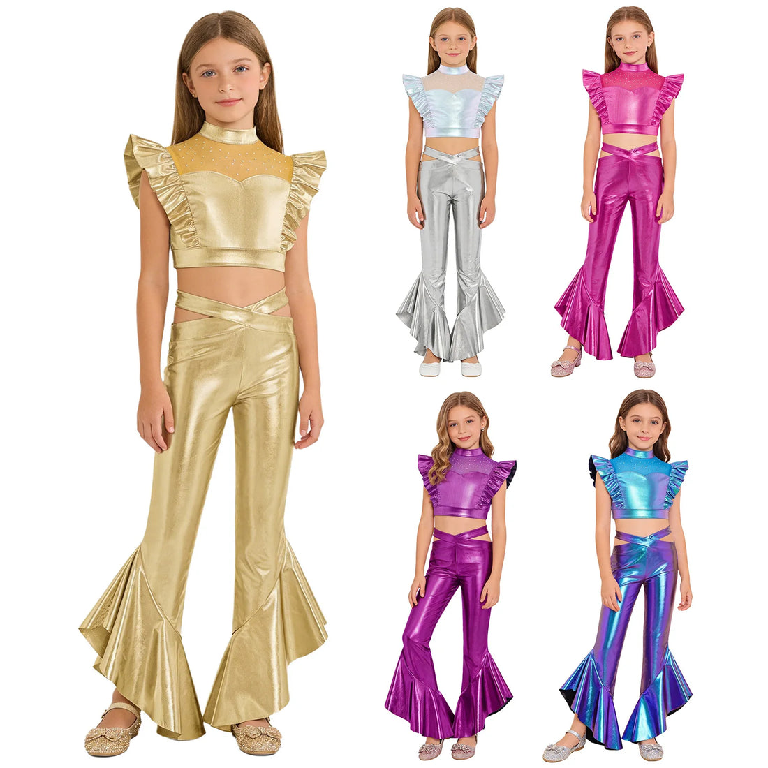 Kids Girls Metallic Hip-Hop Jazz Dance Set Sleeveless Crop Top with Ruffles Flared Pants Modern Stage Performance Dancewear
