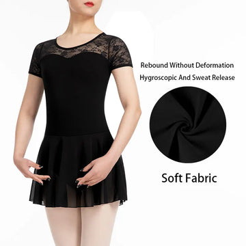 Women's Dance Leotard Skirt Adult Lace Short Sleeve Ballet Dress,Water-drop Hollow Back,Full Front Soft Lining Ballet Clothes