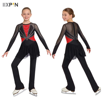 Long Sleeve Finger Holes Rhythmic Gymnastics Bodysuit Ballet Dance Costume Kids Girls Figure Skating Tights Performance Jumpsuit
