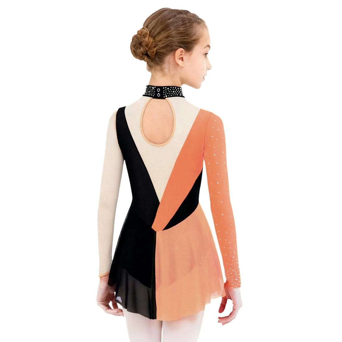 Kids Girls Sparkly Rhinestone Sheer Mesh Long Sleeve Ballet Dance Bodysuit Figure Skating Rhythmic Gymnastics Leotard Dancewear