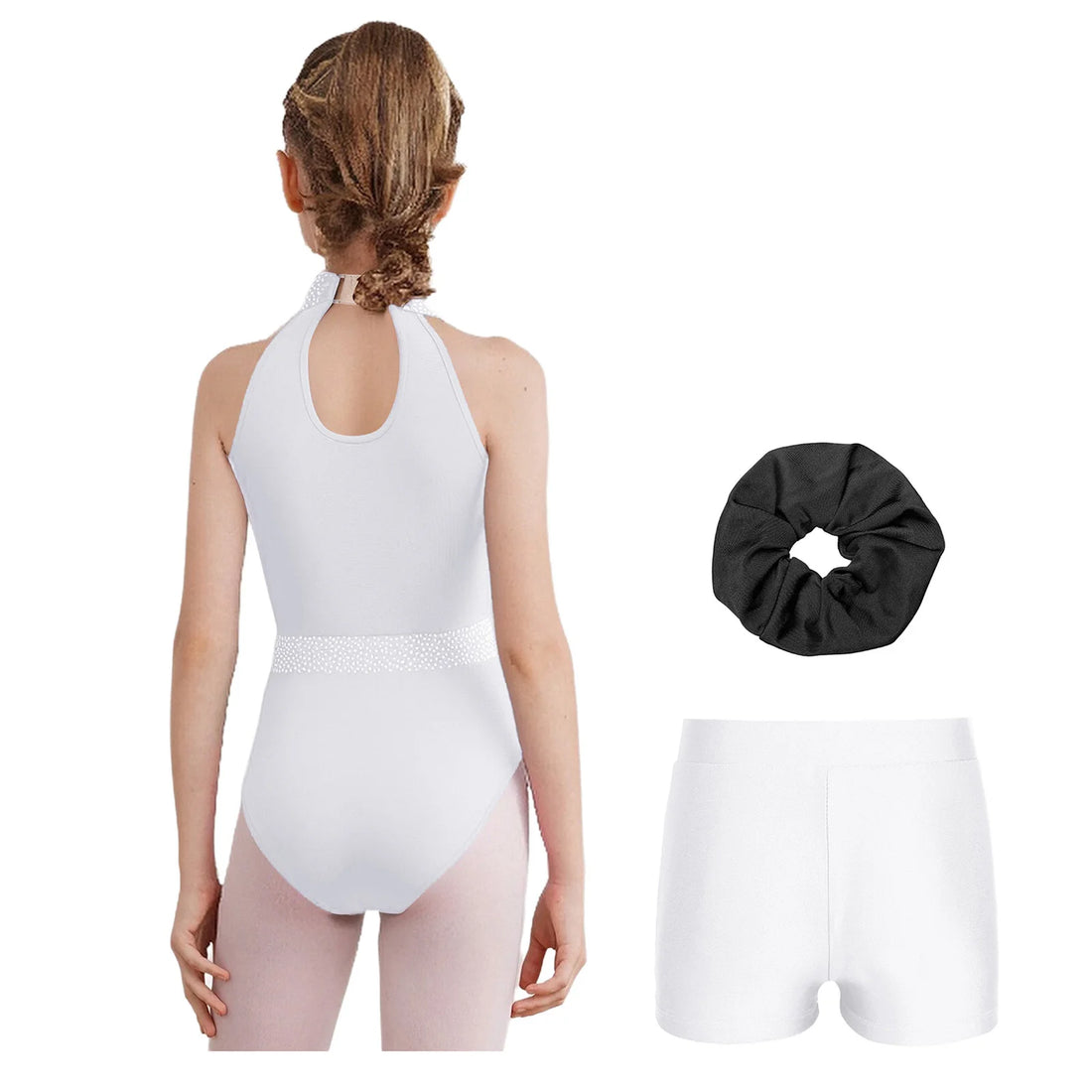 Kid Girls Ballet Dance Clothes Set Sleeveless Applique Rhinestones Acrobatics Rhythmic Gymnastics Leotard with Shorts for Sport