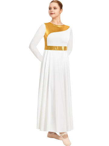 Women Praise Dance Dress Metallic Fit Full Length Liturgical Worship Costume Long Sleeve Dancewear
