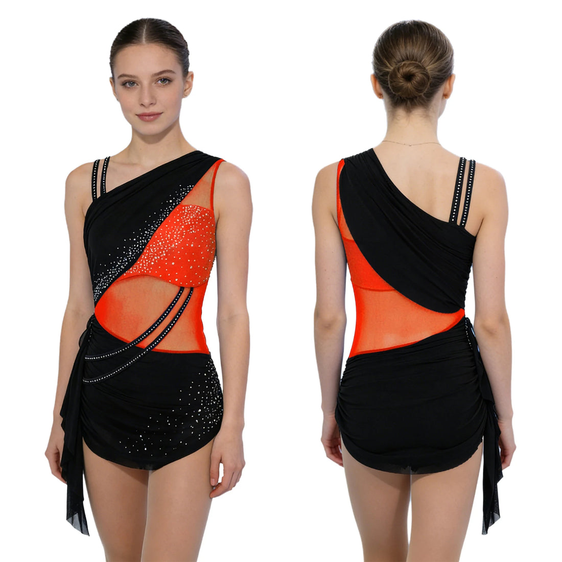 Women's Rhythmic Gymnastics Acrobatics Jersey Figure Skating Jumpsuit Color Blocking Ruched Skirt Buttoned Crotch Leotard Tutu