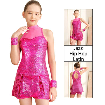Girls Sequins Dance Dress Clothes Sparkle for Kids Sleeveless Top and Shorts Jazz Hip Hop Latin Shiny Suit Outfits Costume