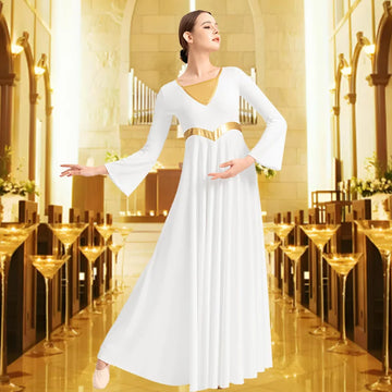 Women Metallic Block Long Sleeve Dance Dress for Adult Worship Liturgical Praise Costumes with No Crotch and Flared Swing Skirts
