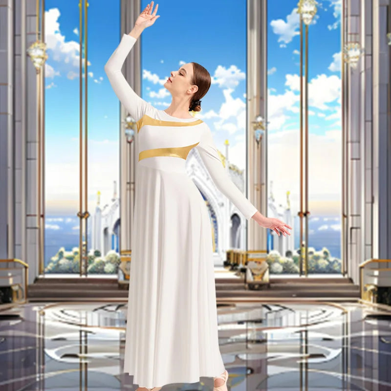 Women Loose Fit Full Length  Long Sleeve Praise Dance Dress for Adult Classical Liturgical Worship Skirts with Upper Body Lining