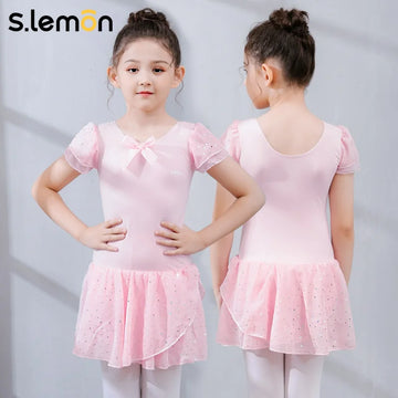 S.lemon Kids Ballet Dance Leotard Dress Sparkle Chiffon Skirt Peru Cotton Ruffle Sleeves Bowknot Girls Performance Outfit