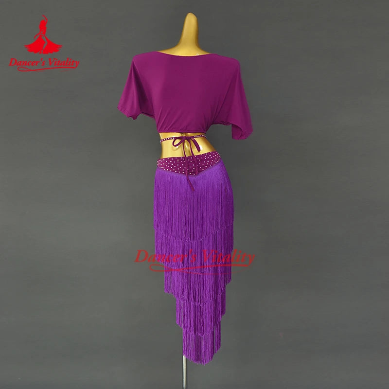 Belly Dance Performance Costume Women's Short sleeved Top+Tassel Short Skirt 2pcs Oriental Dance Practice Outfit