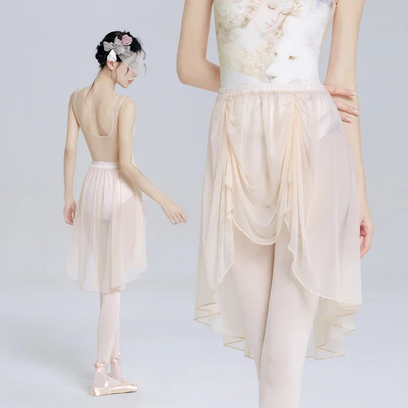 Women Ballet Skirt Adult Petal Gauze Skirt Front Pleated Mid-length Soft Mesh Skate Skirts Girl Ballet Stage Dance Skirts