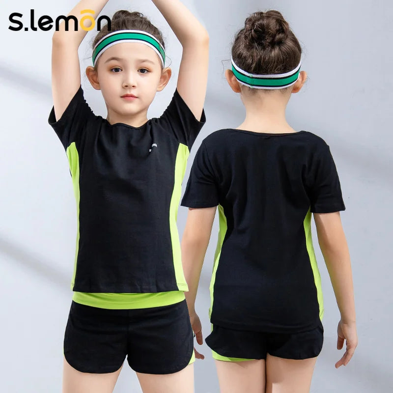 Slemon Girls Gymnastics Leotard Set Kids Cheerleading Outfit Color Block Spliced Tank Top Short Sleeve Sports Aerobics Dancewear