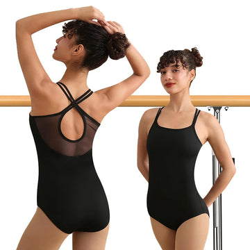 Women's Sleeveless Camisole Ballet Dance Leotards for Adult Gymnastics Tank Tops with Crisscross Water-drop Mesh Back Bodysuits