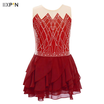 Kids Girls Ballet Dress Figure Skating Gymnastics Dancewear Round Neck Sleeveless Shiny Rhinestones Tiered Ruffled Tutu Dress