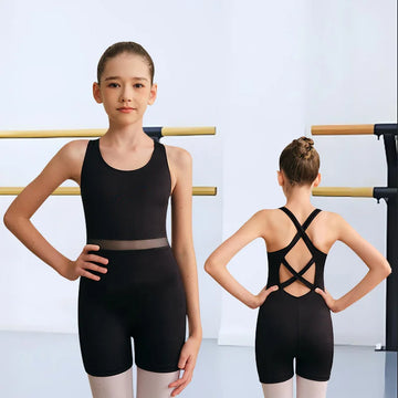 Girls Sleeveless Mesh Waist Biketard Ballet Dance Leotard for girl Gymnastics Dance Sports Unitard with Crisscross Straps Back