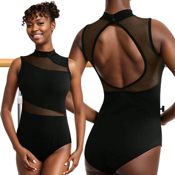 Women's Mock Neck Sleeveless Ballet Dance Leotards for adult Gymnastics Dance Tank Tops with Big Hollow Back and Soft Lining