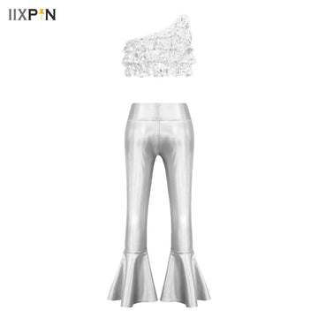Children Hippie Costume Kids Metallic Sequin 60s 70s Disco Jazz Dancewear Girls Flared Pants Crop Top Children Tassels Party Set