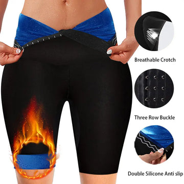 Sauna Sweat Short Pants for Women Weight Loss Body Shaper Slimming Leggings with Crotch Breathable and Three Rows Hooks