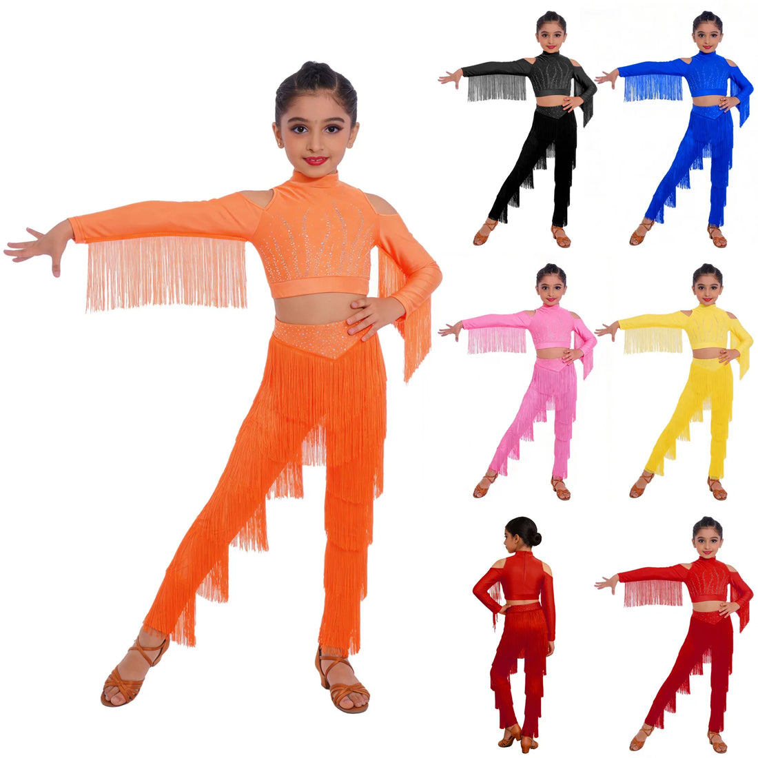 Kids Latin Dance Fringe Tassel Dress Shiny Rhinestones Crop Top with Ballroom Pants Girls Salsa Samba Children Stage Outfits