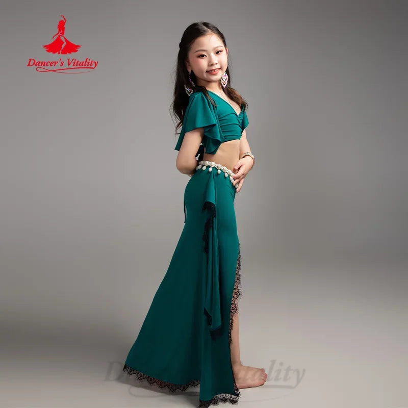 BellyDance Practice Clothes for Kid V-neck Short Sleeved Top+Lace Split Long Skirt 2pcs Girls Oriental Dance Training Clothing