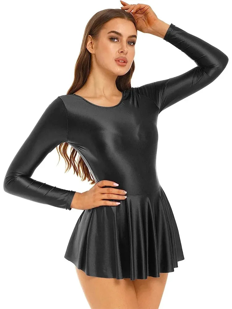Women's Glossy Long Sleeve Ruffled Leotard Dress Solid Color round Neck for Ballet Swimming Dance Training Sports