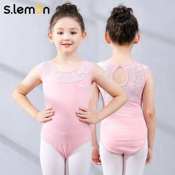 S.lemon Girls Ballet Leotard Lace Backless Bodysuit Sleeveless Crew Neck Dance Costume Toddler Gymnastics Training Wear 90-150CM