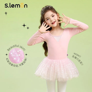 Girls Ballet Leotard Long Sleeve with Star Mesh Skirt – Kids One-Piece Dance Bodysuit