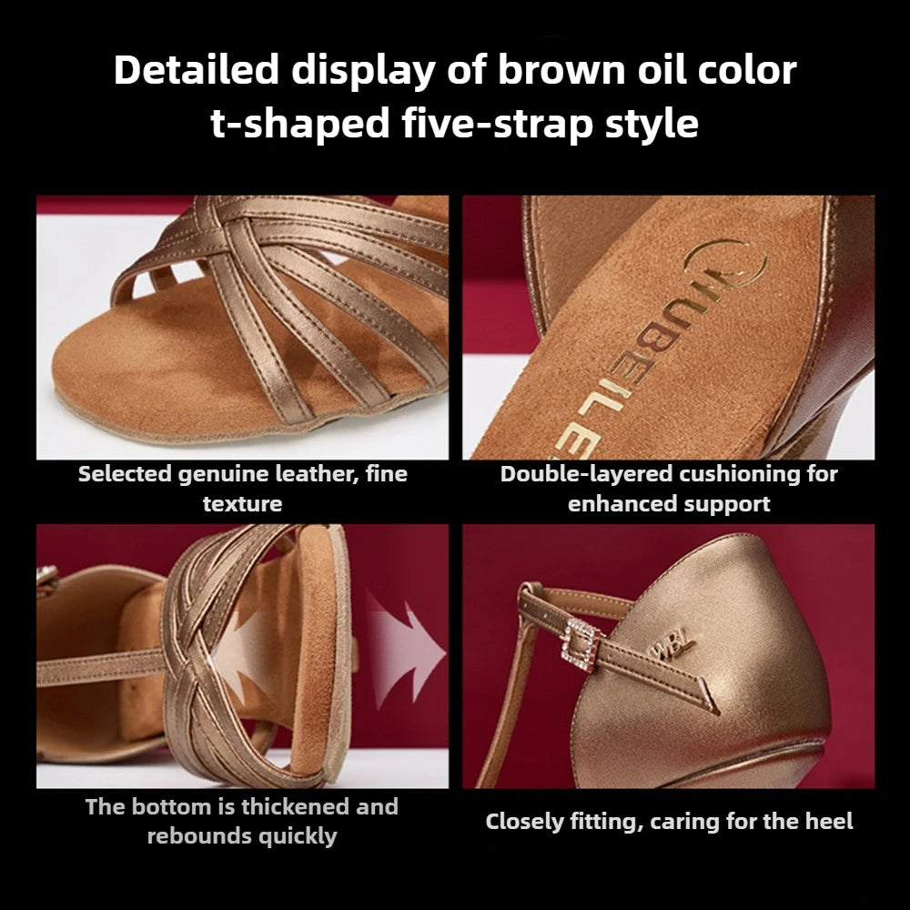 UK Latin Dance Shoes Women's T-Strap Professional Satin Mid Heel with Flexible Genuine Leather Sole for Cha Cha