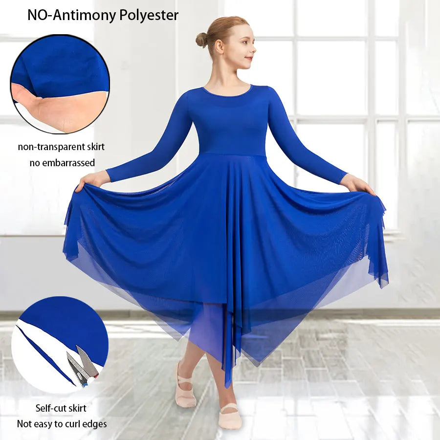 Women Long Sleeve Praise Dance Dress for Adult Worship Liturgical Praise Costume with No crotch Double Layered Irregular Skirts