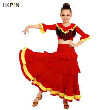 Children Girl Bullfight Performance Dancing Dress Half Sleeves Tassel Crop Top+Tiered Skirt Color Block Flamenco Dance Outfits