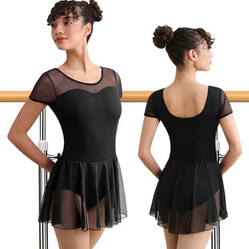 Women Mesh Short Sleeve Dress Ballet Dance Leotard for adult Gymnastic Dance Skirts with U-Back Design and Lining Dance Leotards
