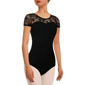 Women Ballet Lace Short Sleeve Dance Leotard Tank,Water-drop Hollow Back Dancewear