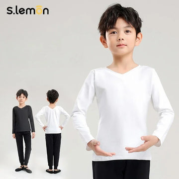 Boys White Long Sleeve V-Neck Dance T-Shirt | Chinese Dance & Latin Dance Practice Top Art Exam Body Suit Kids Dancewear