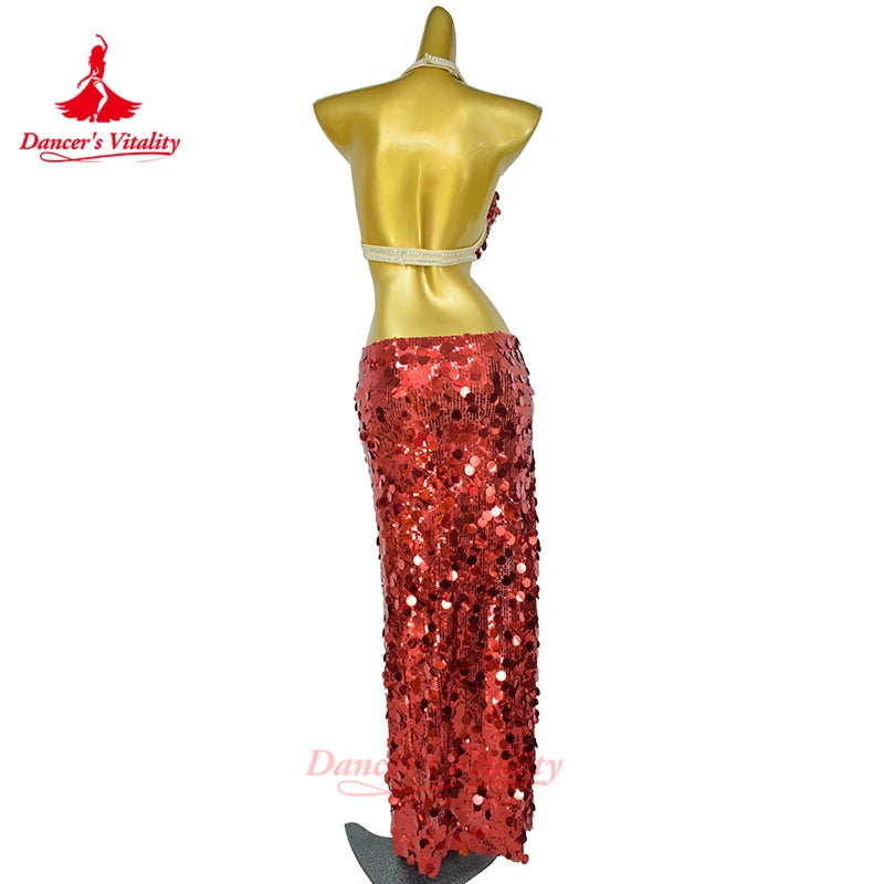 BellyDance Costume Set for Women Big Sequins Bra+Sexy Long Skirt 2pcs Girl's Oriental Belly Dancing Performance Clothing Suit