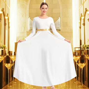 Women's Praise Dance Dress Long Sleeve Loose Fit Church Dancewear Metallic Full Length Liturgical Worship Costume Dance Dress