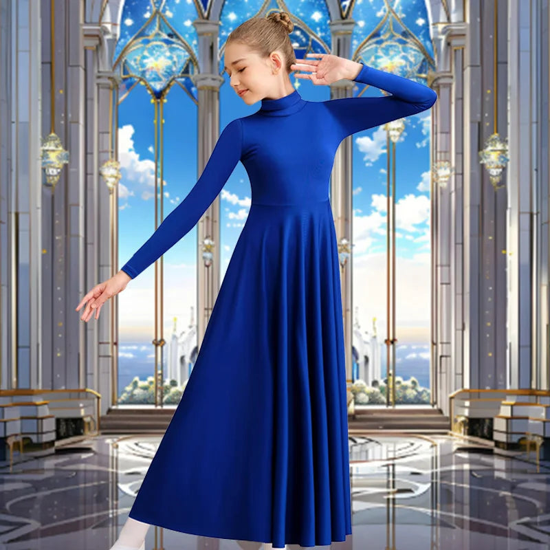 Girls High Neck Long Sleeve Praise Dance Dress for girl Worship Liturgical Praise Costumes with Loose Fit No crotch Dancewear