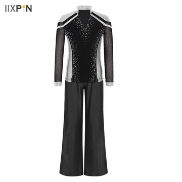 Boys Shiny Rhinestones Figure Skating Ballroom Performance Costume Metallic Top with Straight-Leg Pants Kids Latin Dancewear