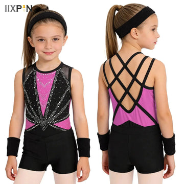 Girls Sparkly Rhinestone Leotard with Ballet Dance Shorts Sports Headband Wristbands Set Sleeveless Tank Bodysuits Ice Skating