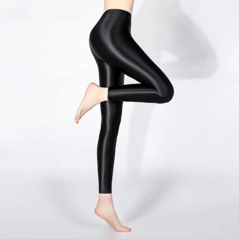 High Waist Satin Ankle-Length Leggings for Women, Shiny Glitter Tights, Japanese Style Sexy Jeggings