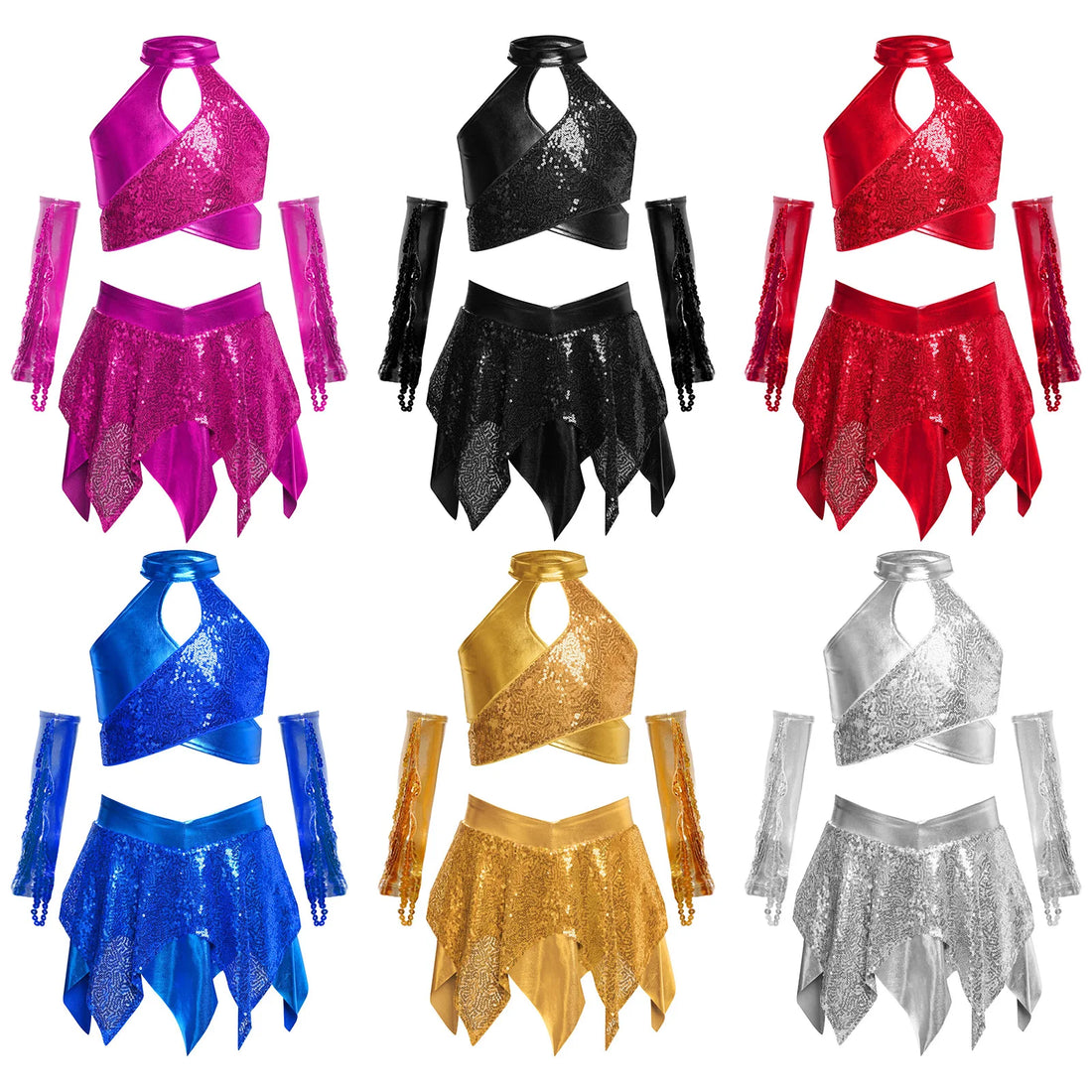 Kids Girls Dance Outfit Cheerleading Costume Sleeveless Sequins Crop Top with Skirt And Gloves Carnival Festival Disco Hip Hop