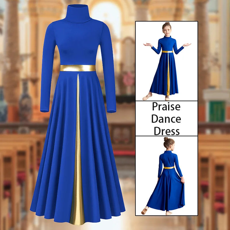 Women's Metallic Block Long Sleeve Praise Dance Dress for Adult&girl Worship Liturgical Costumes with Folding Neck and No crotch
